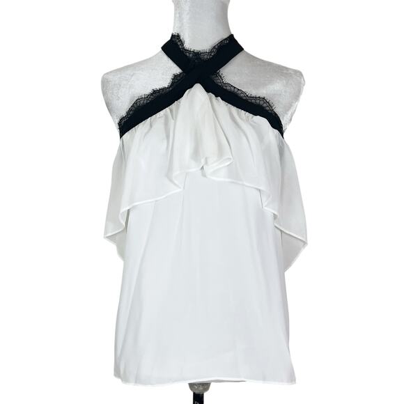 NWT bar III Off The Shoulder White Ruffle Top with Black Lace Trim Size Large - Picture 1 of 7